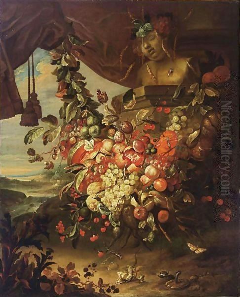 Still life with fruits, a bust of the infant Bacchus, a draped curtain and a river landscape beyond Oil Painting by Flemish Unknown Masters