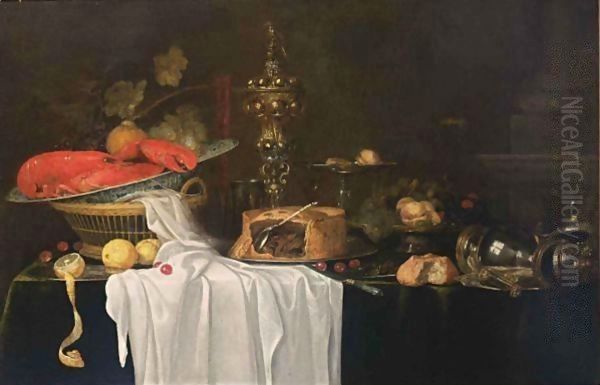 A Sumptuous Still Life With A Lobster In A Wan-Li Kraak Porcelain Bowl In A Basket Together With Grapes, Cherries And Lemons, A Flute, A Silver Beaker, A Silver-Gilt Cup With Cover, A Pie, A Silver Tazza With Peaches, Figs, Cherries And Hazelnuts Oil Painting by Andries Benedetti