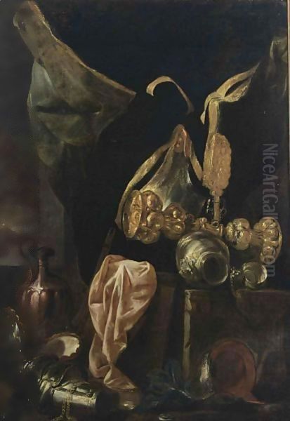 A Still Life With Armour, A Silver-Gilt Cup, A Copper Jug, A Silver Bowl And A Pink Cloth Oil Painting by Peeter Boel