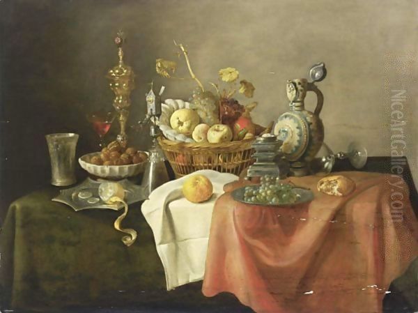 A Sumptuous Still Life With A Silver-Gilt Beaker, A Lemon On A Silver-Gilt Pointed Dish, Walnuts In A Porcelain Bowl, A Silver Gilt Cup With Cover, A Silver-Gilt Mill Glass, A Quince, An Apple, A Peach, Grapes, And Oranges In A Basket Oil Painting by Cornelis Mahu