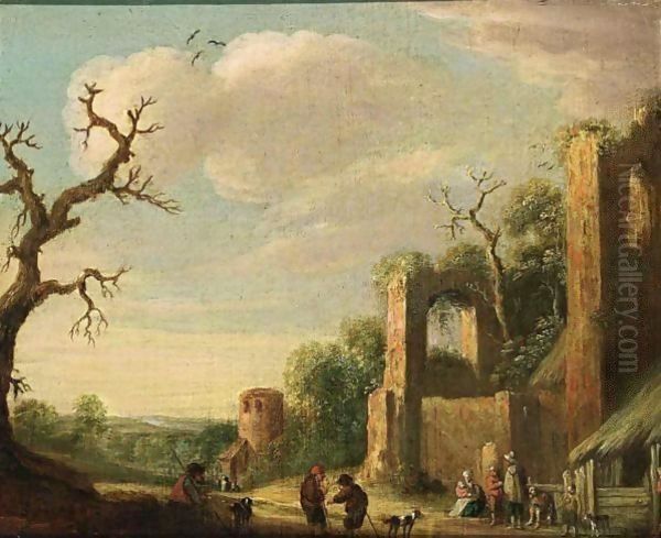 A Landscape With Figures Conversing Near Ruins Oil Painting by Joost Cornelisz. Droochsloot