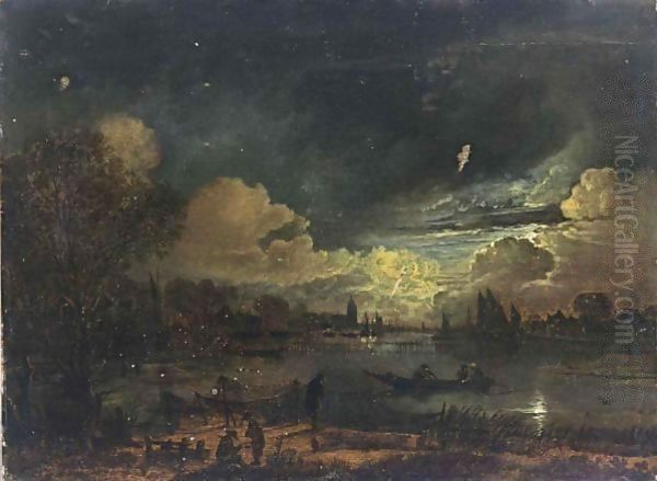 A Moonlit River Landscape With Fishermen Repairing Their Nets And Three Men In A Rowing Boat Oil Painting by Aert van der Neer