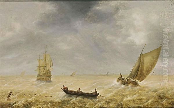 Fishermen In A Rowing Boat And Sailing Vessels In A Choppy Sea, A City In The Distance Oil Painting by Hendrik van Anthonissen