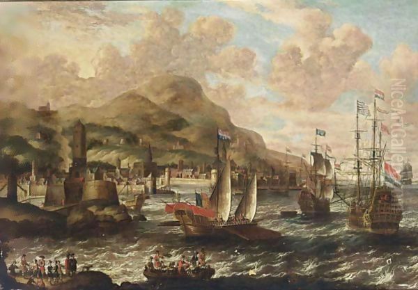 A View Of A Harbour With A Galley And Men-'O-War, A Rowing Boat And Figures On A Beach In The Foreground Oil Painting by Peter van den Velde