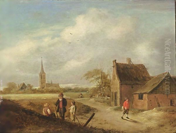 A Landscape With Travellers Resting And Figures On A Path Near A Farm, A Church Beyond Oil Painting by Claes Molenaar (see Molenaer)