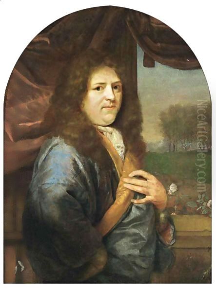 A Portrait Of A Gentleman, Standing Half-Length, Wearing A Blue Orange-Lined Satin Overcoat With White Lace Chemise, In Front Of A Stone Balustrade With A Curtain, A Park Landscape Beyond Oil Painting by Godfried Schalcken