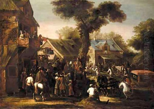 A Crowded Village Scene With A Messenger Reading A Proclamation Oil Painting by Jan Van Eyck