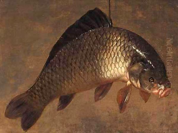 A Still Life With A Carp Hanging From A Piece Of String Oil Painting by Pieter de Putter