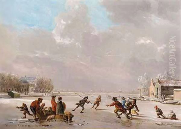 A Winter Landscape With Skaters On A Frozen River Oil Painting by Vincent Laurentsz. van der Vinne I