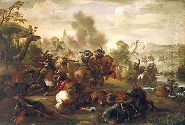 A Cavalry Skirmish Oil Painting by Antonio Calza