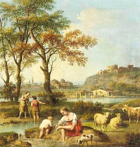 An Italianate Landscape With Figures Washing In A River Oil Painting by Giovanni Battista Tiepolo