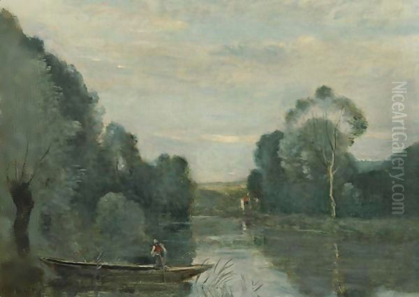 Grez-Sur-Loing, Pecheur En Barque, Le Matin Oil Painting by Jean-Baptiste-Camille Corot