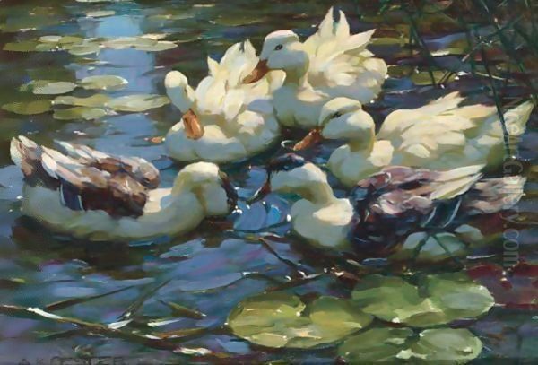 Five Ducks In A Pond Oil Painting by Alexander Max Koester