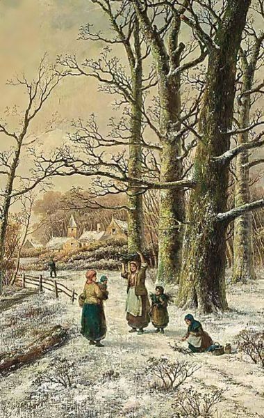 Woodgatherers In A Winter Forest Oil Painting by Hendrik Barend Koekkoek