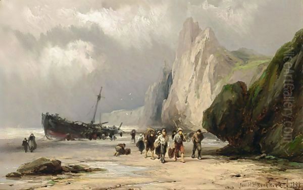 A Coastal Scene Oil Painting by Johannes Hermann Barend Koekkoek