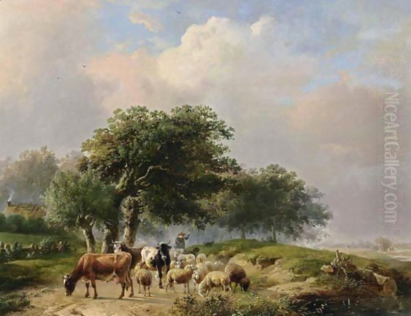 A Herdsman With His Cattle On A Path Oil Painting by Louis Pierre Verwee