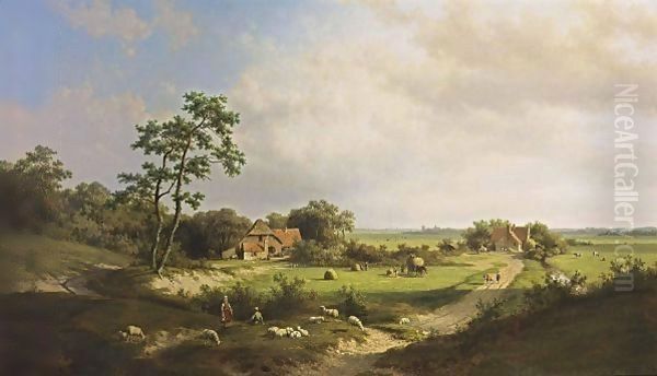 An Extensive Summer Landscape With Haying Farmers Oil Painting by Willem Vester