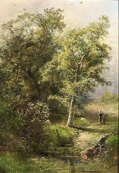 Figures By A Forest Stream Oil Painting by Pieter Lodewijk Francisco Kluyver