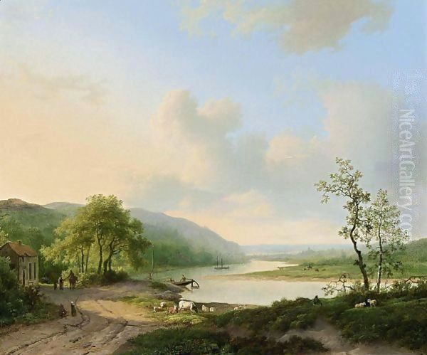 An Extensive River Landscape Oil Painting by Marianus Adrianus Koekkoek