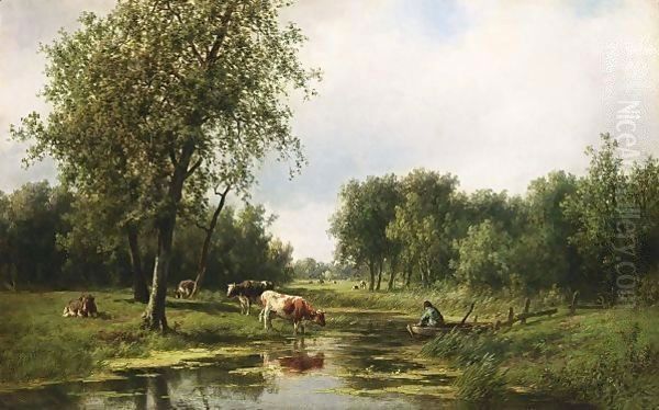 Grazing Cattle By The Water Oil Painting by Willem Vester