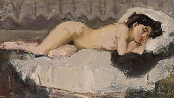 A Reclining Female Nude Oil Painting by Isaac Israels