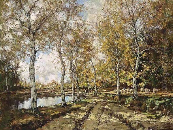 Sheep In A Sunny Autumn Landscape Oil Painting by Arnold Marc Gorter