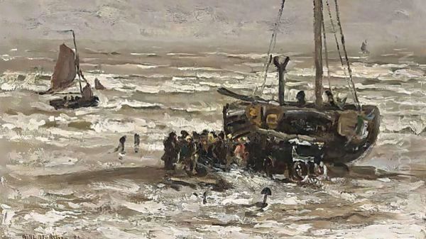 Unloading The Catch Oil Painting by Gerhard Arij Ludwig Morgenstje Munthe