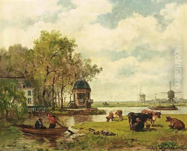 A Summer Landscape With A Tea House On The River Vecht Oil Painting by Willem Roelofs