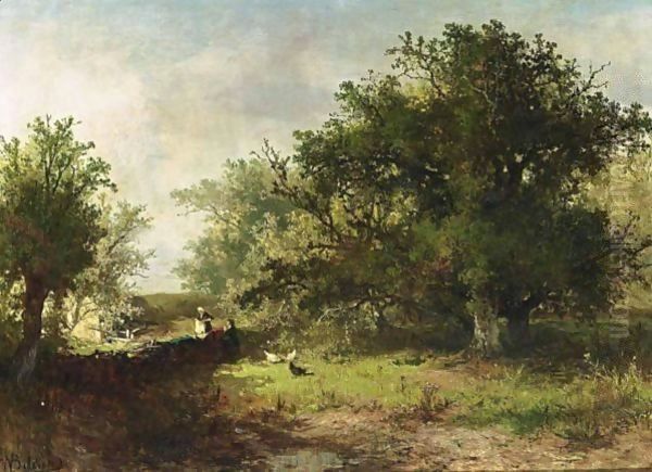 Washer Women In A Wooded Landscape, Wolfheze Oil Painting by Johannes Warnardus Bilders