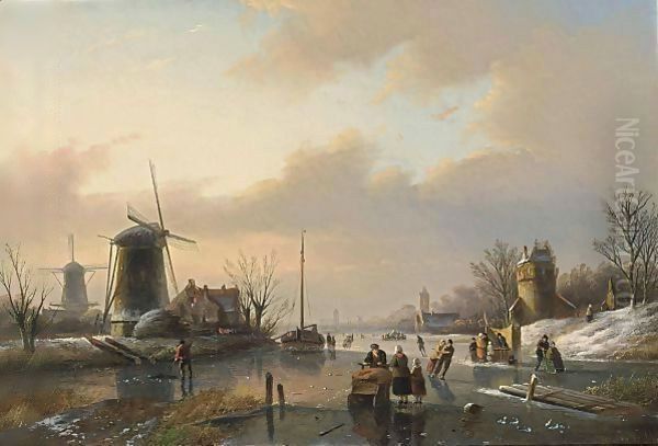 A Winter Landscape With Figures On A Frozen River Oil Painting by Jan Jacob Coenraad Spohler