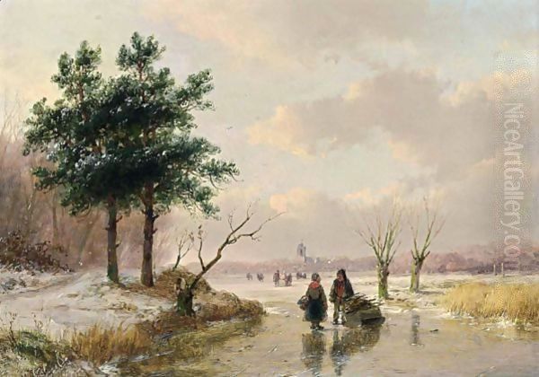 A Winter Landscape With Figures On A Frozen River Oil Painting by Andreas Schelfhout