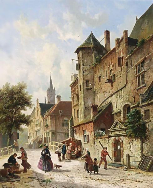 Villagers In The Streets Of A Dutch Town 3 Oil Painting by Adrianus Eversen