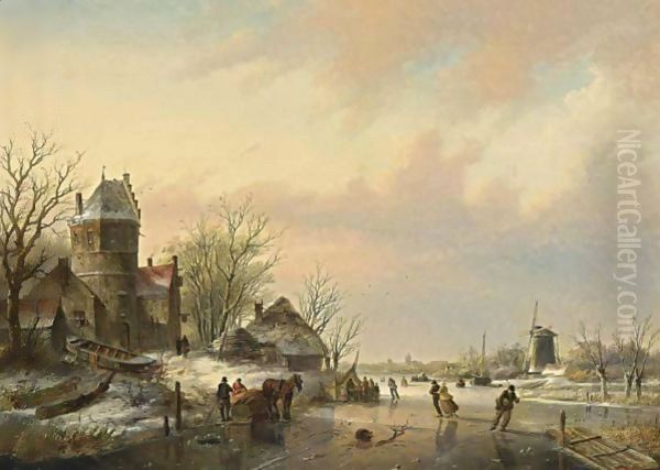 A Winter Landscape With Skaters Near A A'Koek En Zopie A' Oil Painting by Jan Jacob Coenraad Spohler