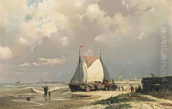 Bomschuiten On The Beach Oil Painting by Johan Conrad Greive