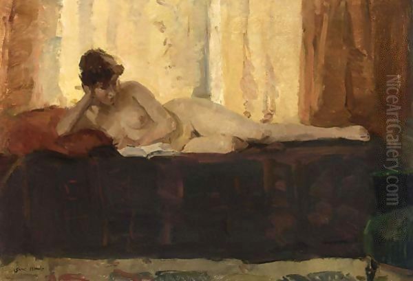 A Female Nude Reading On A Bed Oil Painting by Isaac Israels