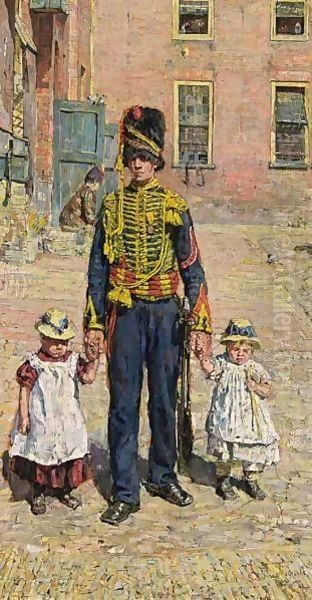 A Soldier With Two Children Oil Painting by Isaac Israels