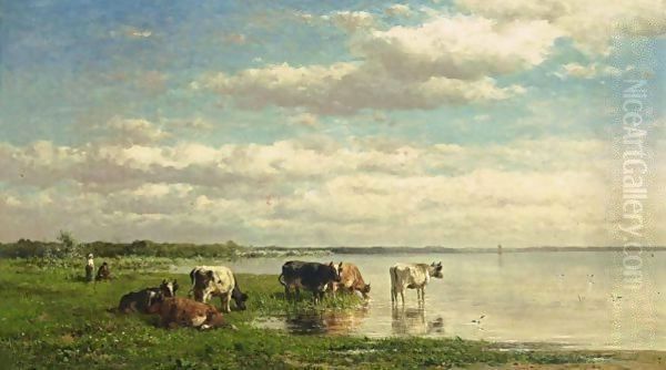 Watering Cows In A Summer Landscape Oil Painting by Willem Roelofs