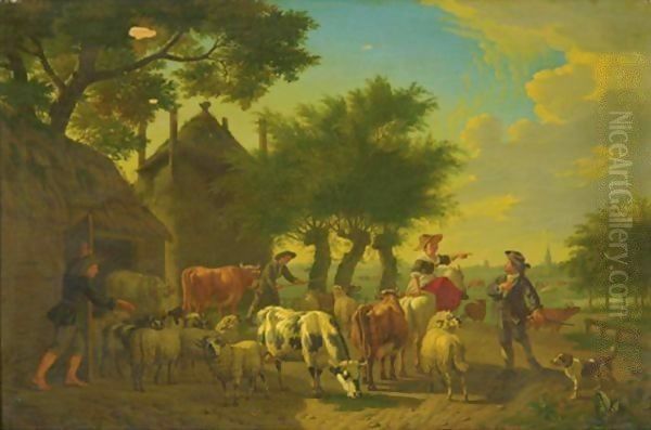 An Extensive Landscape With Shepherds, Sheep, Goats And Cows Oil Painting by Jan van Gool