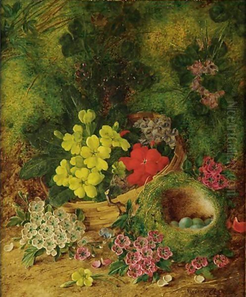 Still Life With Fruit And Still Life With Flowers And Birds Nest A Pair Oil Painting by Vincent Clare