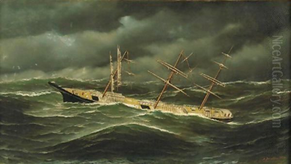 American Ship L. Schepp In A Typhoon Off Bellona Reef, New Caledonia Oil Painting by Antonio Nicolo Gasparo Jacobsen