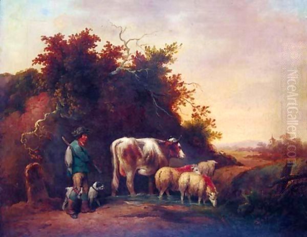 A Drover With Sheep And Cattle Watering In A Stream Oil Painting by George Morland