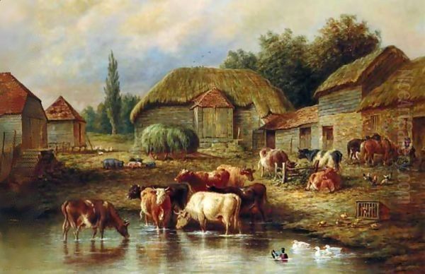 Farmyard Scene With Cattle Watering Oil Painting by Henry Charles Bryant