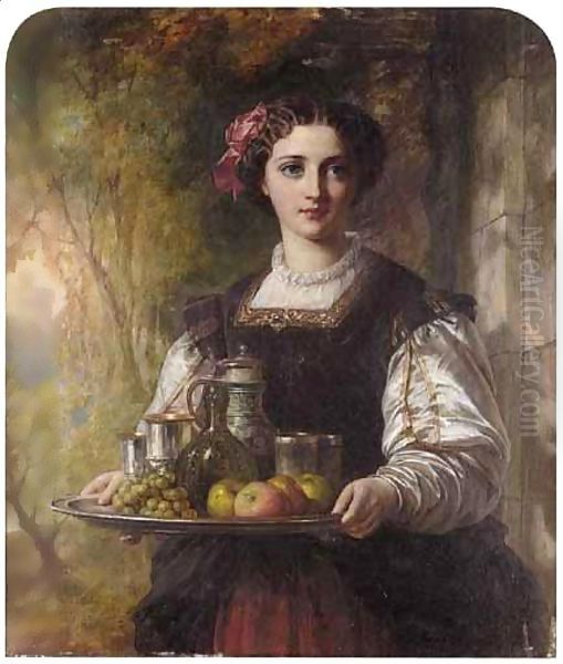 A Young Lady Carrying A Tray With Grapes, Apples And Drinks Oil Painting by Charles Baxter