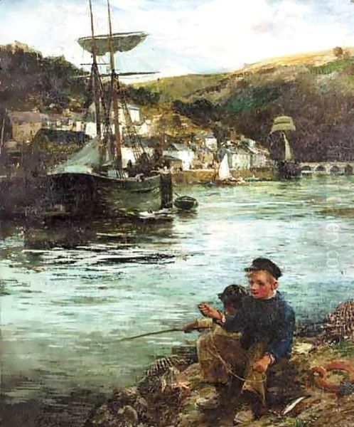 Boys Fishing In Looe Harbour Oil Painting by Robert Reid