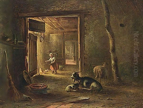 A Stable Interior With A Little Girl Feeding The Chickens Oil Painting by Bernardus Gerardus Ten Berge