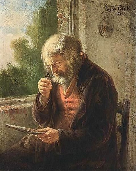 An Old Man Reading Oil Painting by Eugene Francois De Block