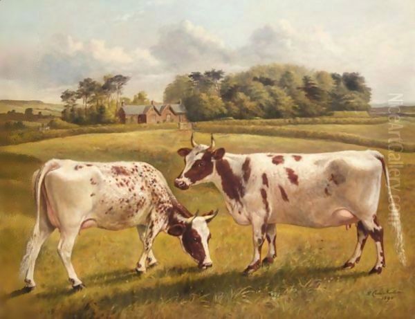 Pinky II And Polly II, Two Prize Pedigree Ayrshire Cows In A Spring Landscape Oil Painting by Benjamin Cam Norton