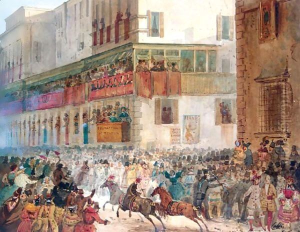 Carnival In The Via Del Campo, Rome Oil Painting by Ippolito Caffi