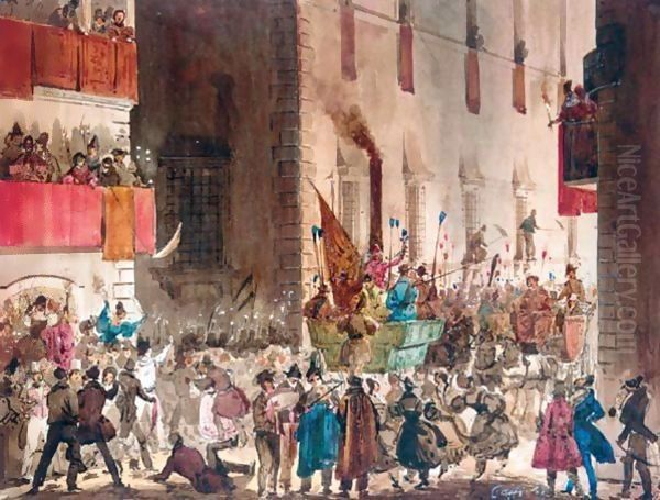 Carnival In The Via Del Campo, Rome 2 Oil Painting by Ippolito Caffi