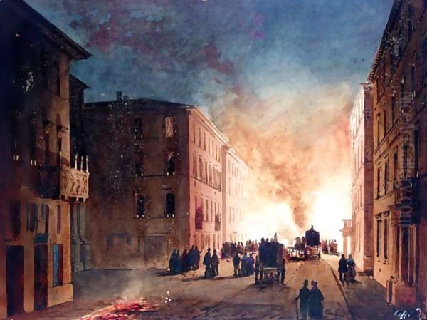 A Fire In A Roman Street Oil Painting by Ippolito Caffi